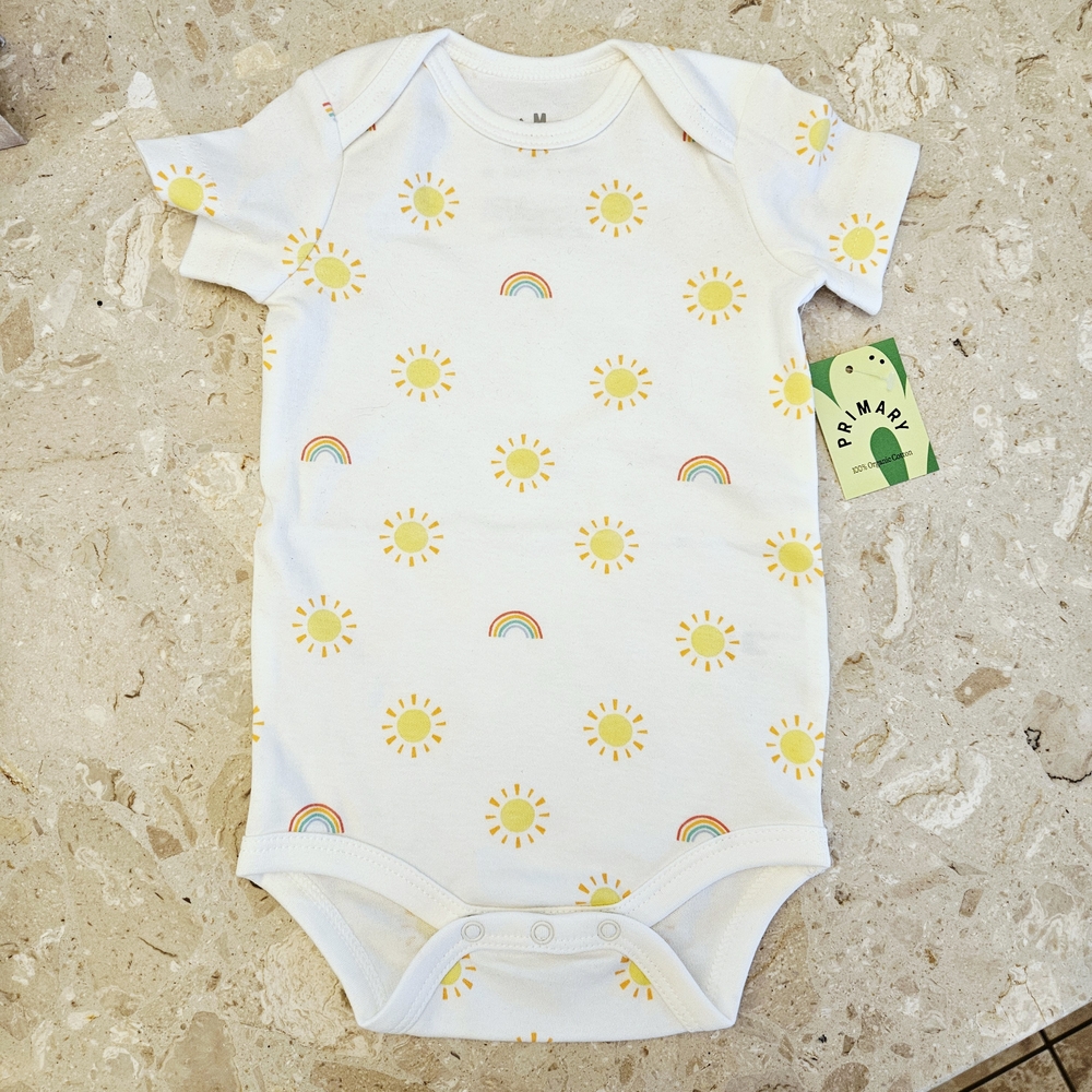 Primary White Bodysuit with Yellow Sun and Rainbow Design